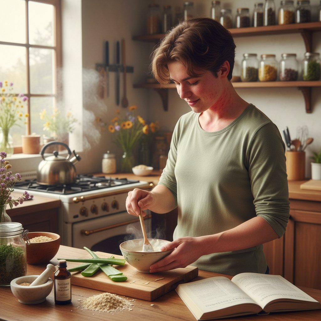Młoda osoba stosująca domowy sposób na potówki, kuchnia w tle, kontekst codziennych nawyków