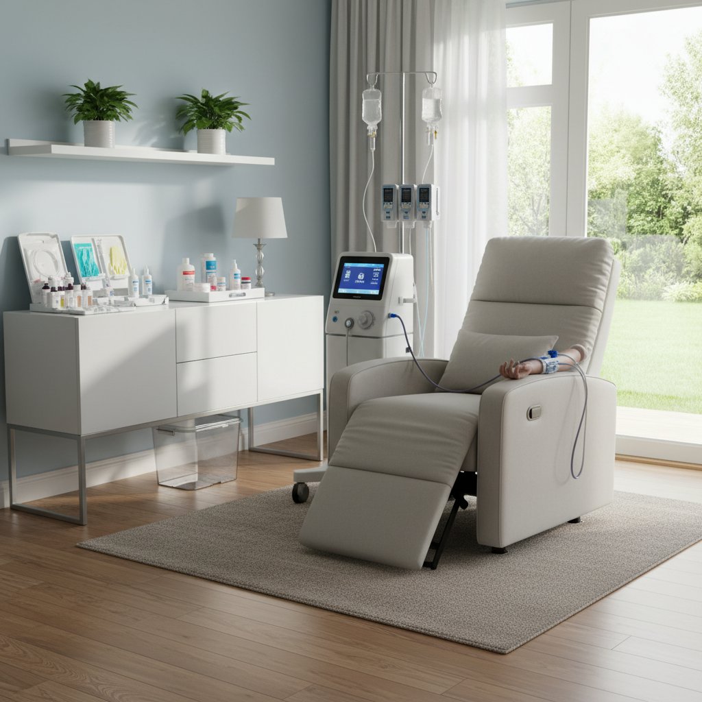 Pokój w mieszkaniu przerobiony na miniaturowy gabinet dializacyjny, z aparatem i sprzętem medycznym na widoku