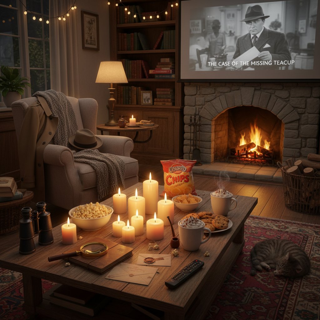 Home setup with candles, detective props, themed snacks for a cozy movie night