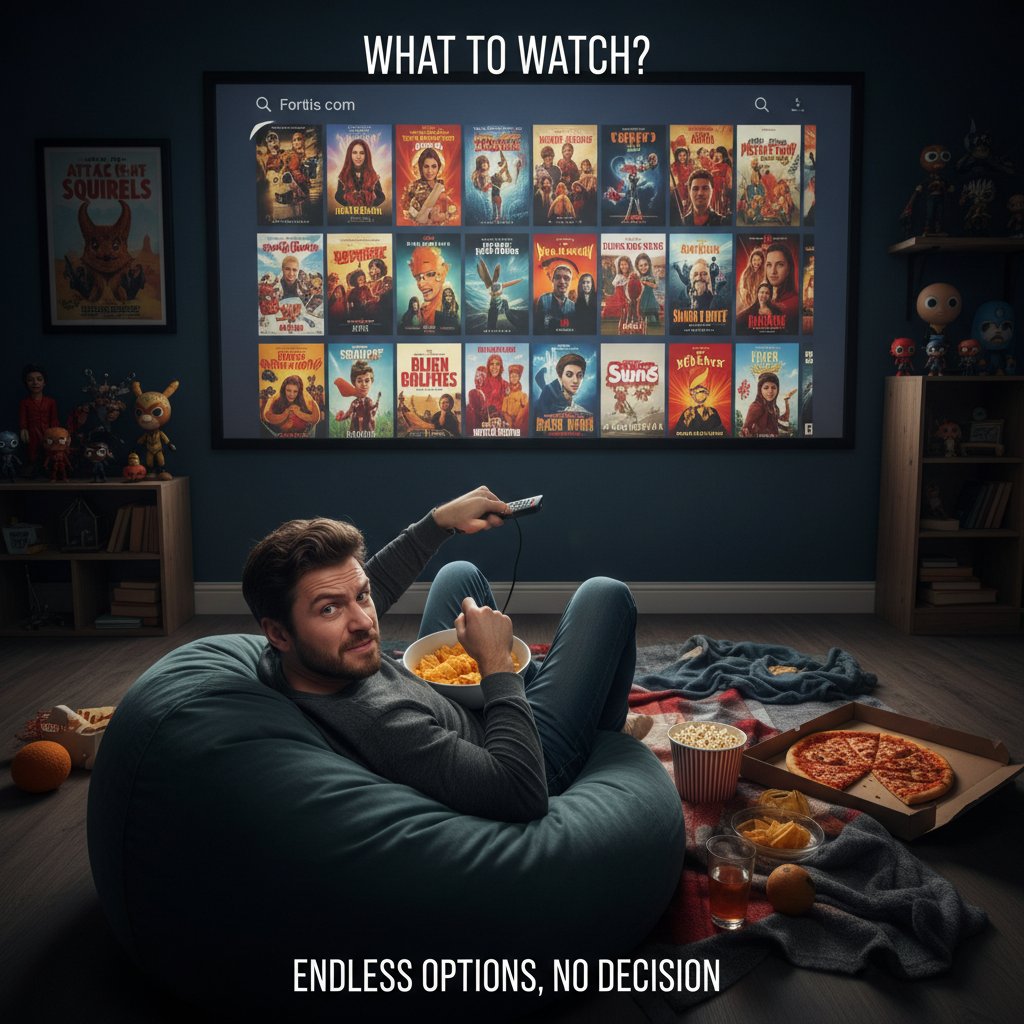 Bright home setup, person indecisively scrolling through streaming services in search of a comedy movie