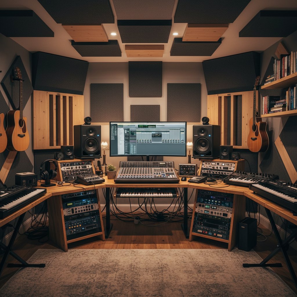 Realistyczne domowe studio z panelami akustycznymi i sprzętem audio