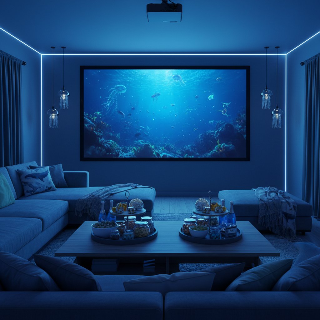 Home setup for ocean movie night with blue lights, themed snacks, and ocean décor