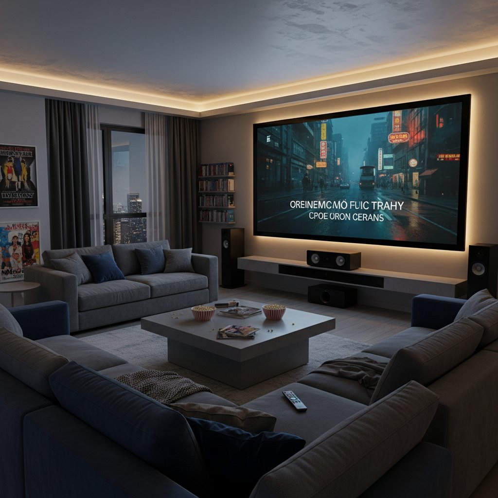 Urban living room streaming international movie, showing a diverse group watching a foreign-language film with subtitles on a large screen in a cozy, stylish home setup