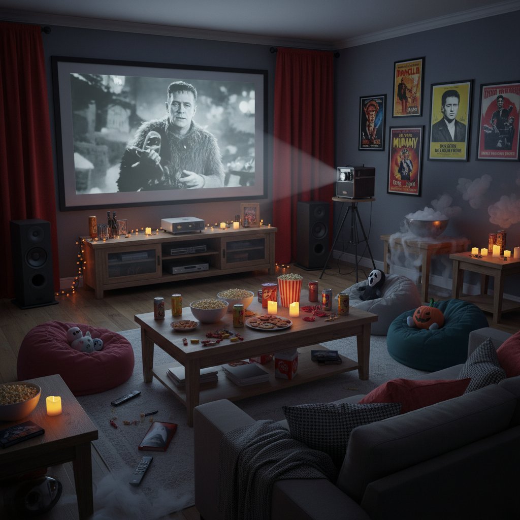 Home theater with horror marathon setup, living room set up for horror movie night
