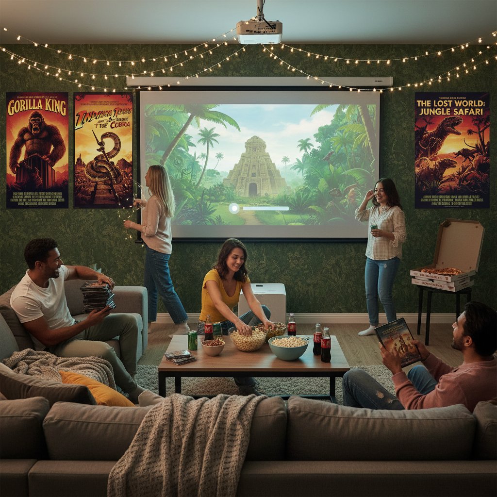 Photo of a home theater setup with jungle movie posters, snacks, and friends prepping for movie night