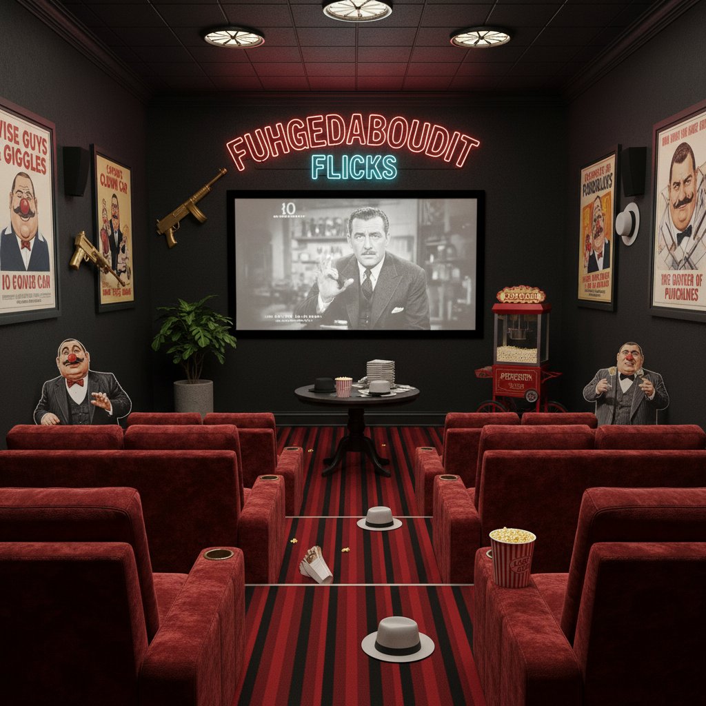 Home theater with mobster comedy decorations