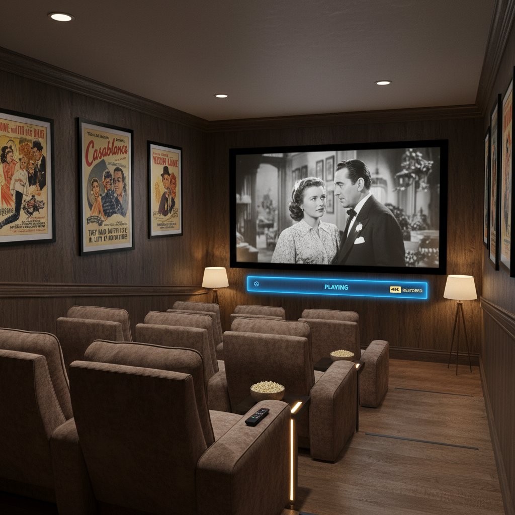 Home viewer streaming a restored classic film in a modern home theater