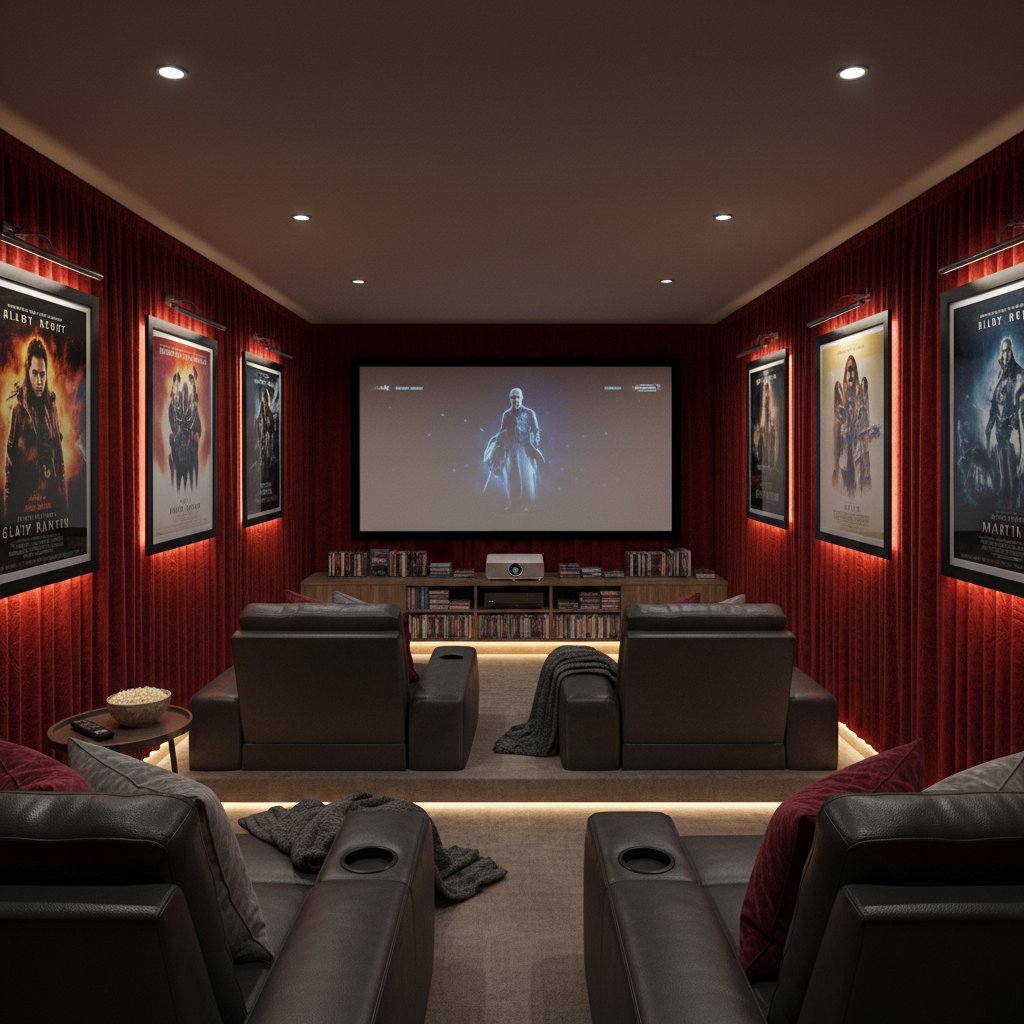 Cozy home theater setup with Ridley Scott movie posters, ideal for marathons