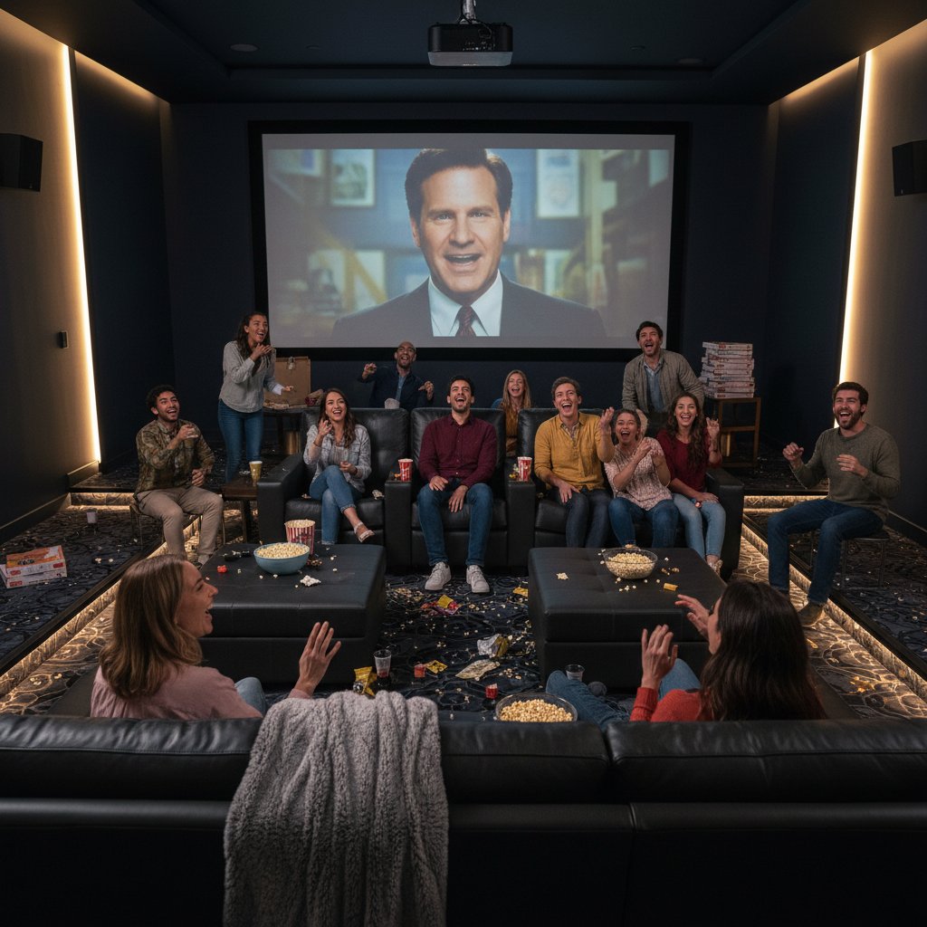 Home theater setup with Will Ferrell movie on screen, snacks, vibrant group energy