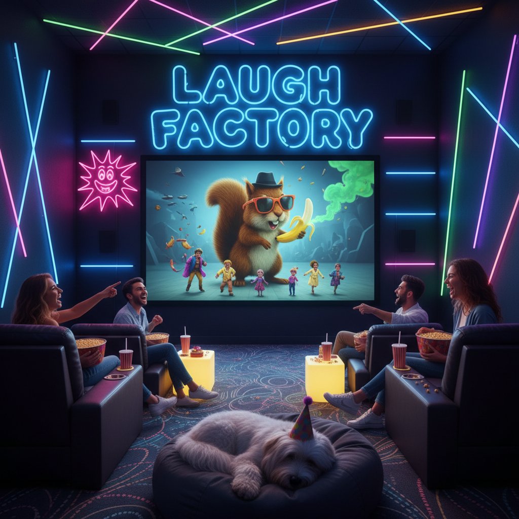 Home theater setup with friends watching a visually striking comedy, neon lighting, dynamic mood, 16:9