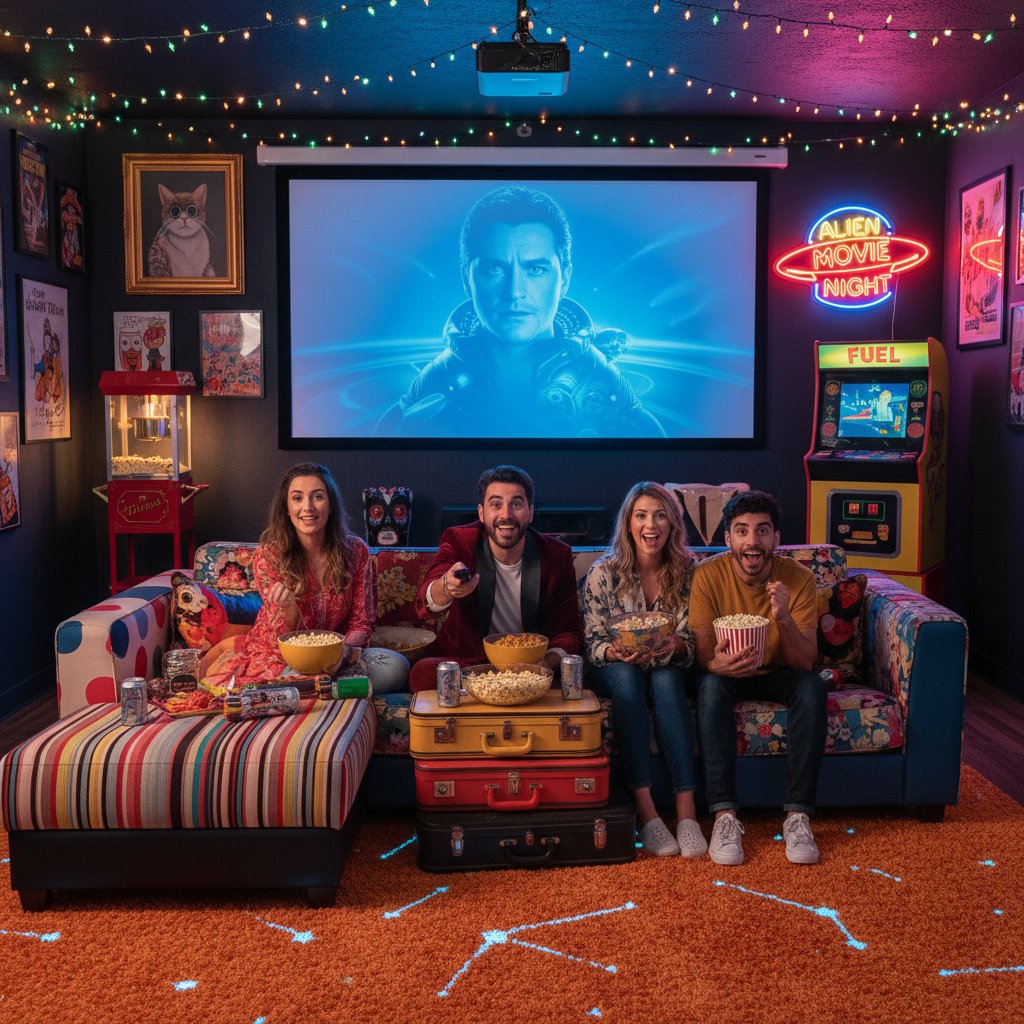 Setting for an acquired taste comedy movie night, home theater setup with quirky decor and friends in anticipation