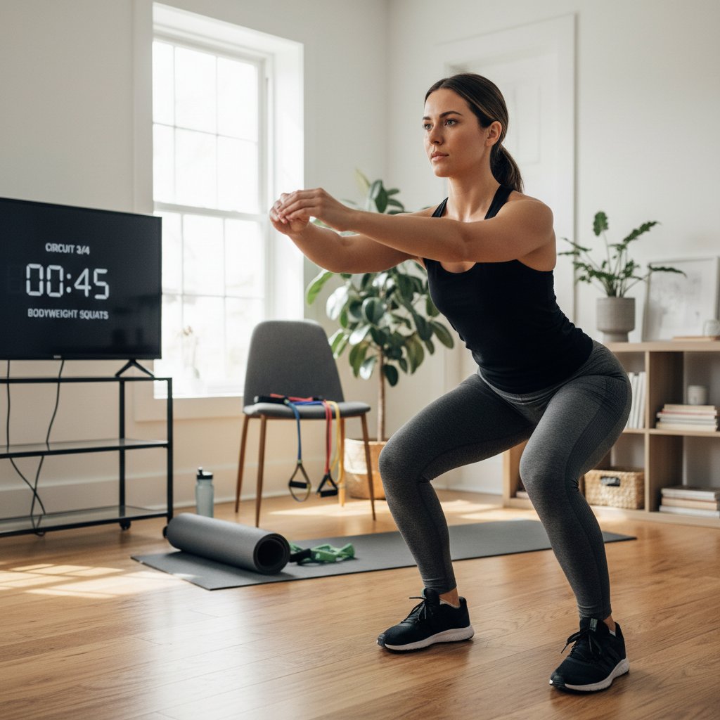 Domowy trening obwodowy bez sprzętu, osoba wykonująca przysiady w minimalistycznym wnętrzu