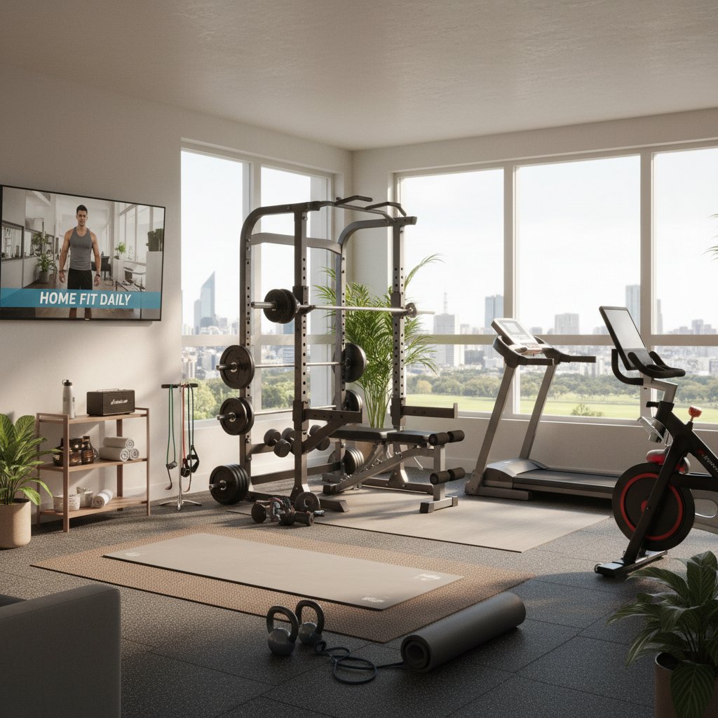 Różne domowe zestawy do ćwiczeń: mata, hantle, butelka, ekran z treningiem