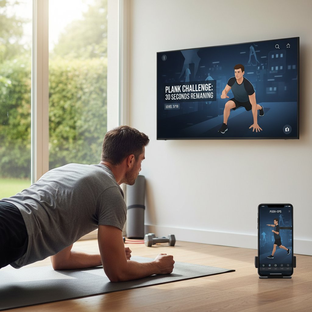 Mężczyzna korzystający z aplikacji fitness na smartfonie podczas treningu domowego