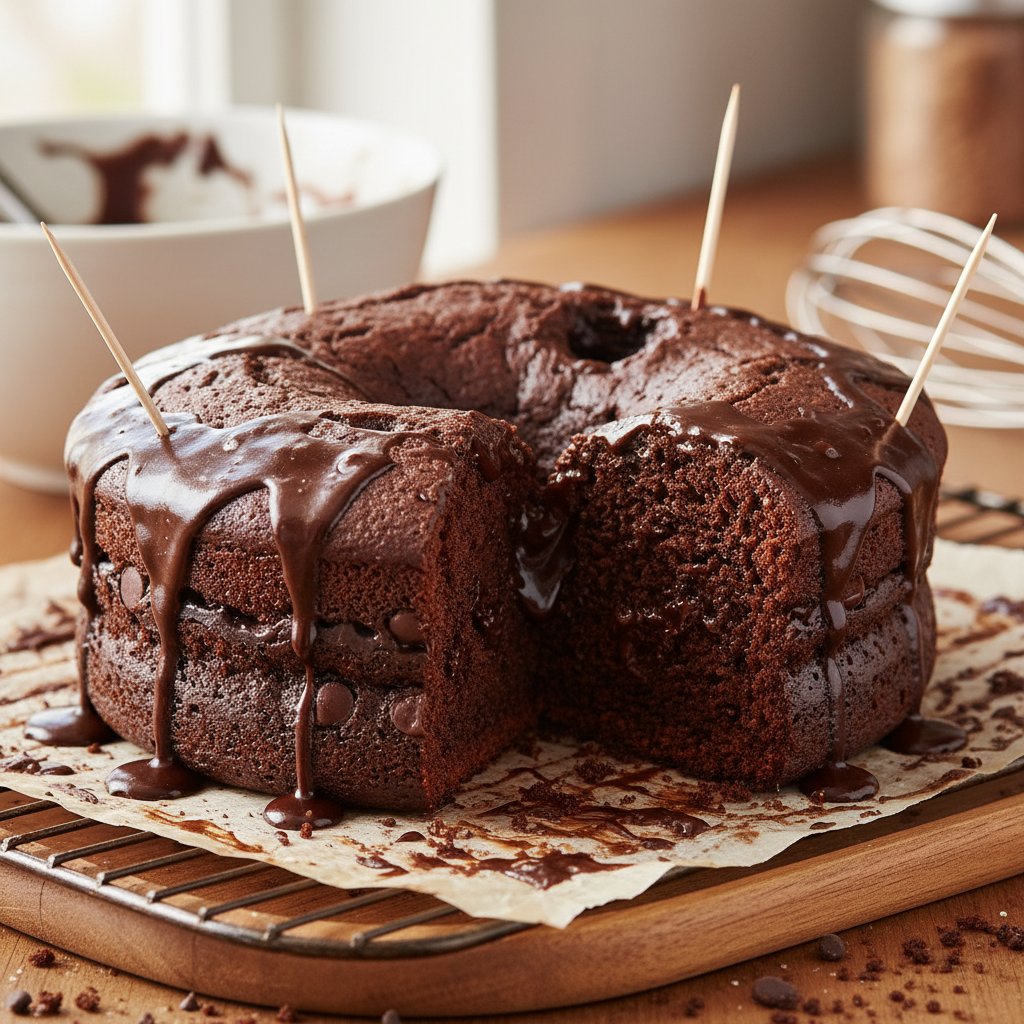 Domowe ciasto czekoladowe z widoczną wilgotną strukturą, świeżo po upieczeniu, z klasycznymi błędami na wierzchu