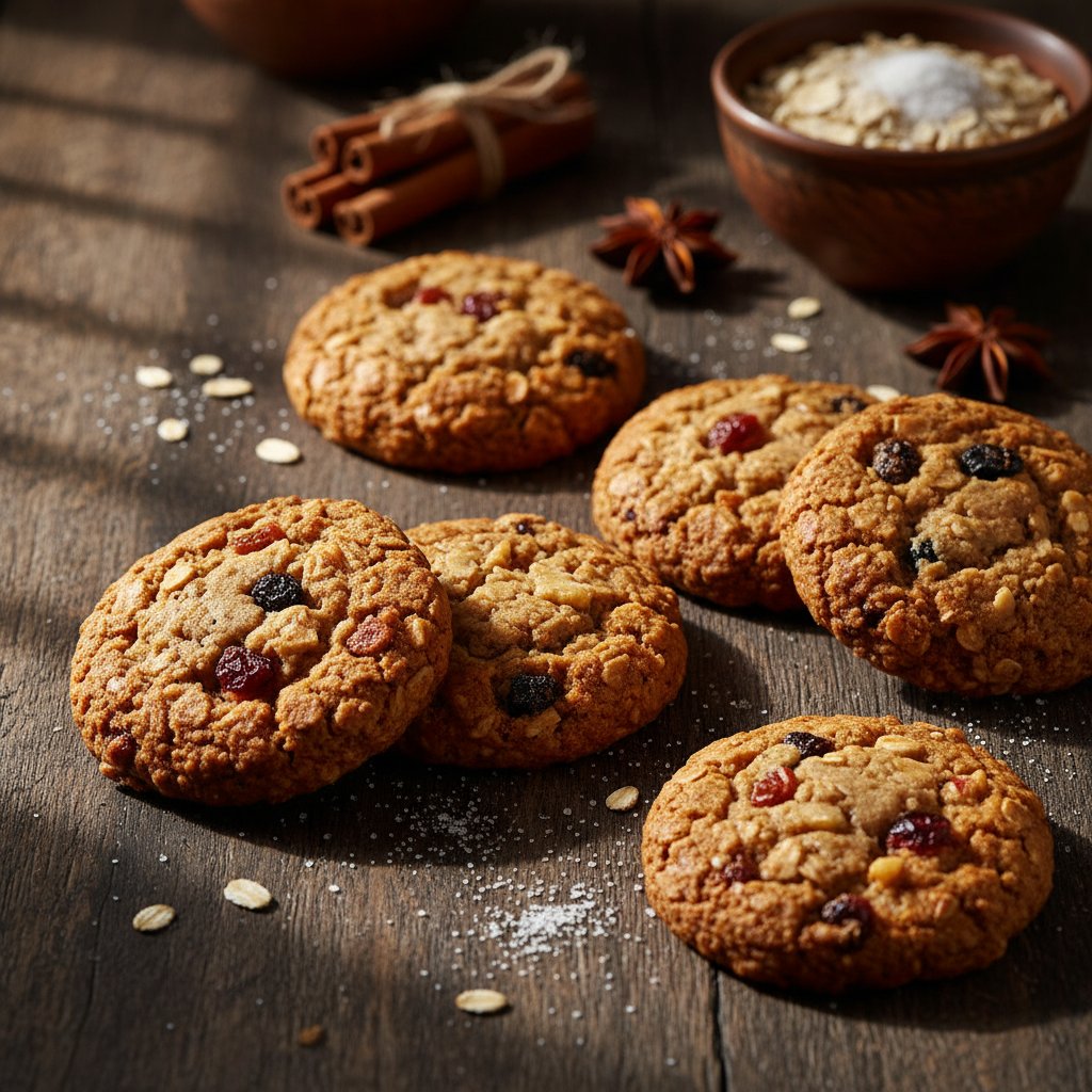 Domowe ciasteczka owsiane bez cukru na ciemnym blacie kuchennym, światło dramatyczne