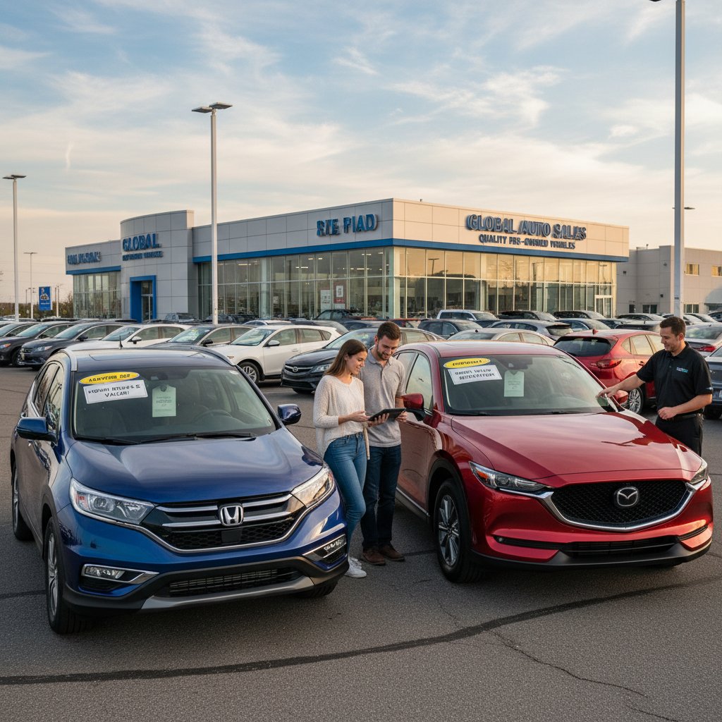 Used Honda CR-V and Mazda CX-5 lined up at a dealership, showcasing real-world resale values