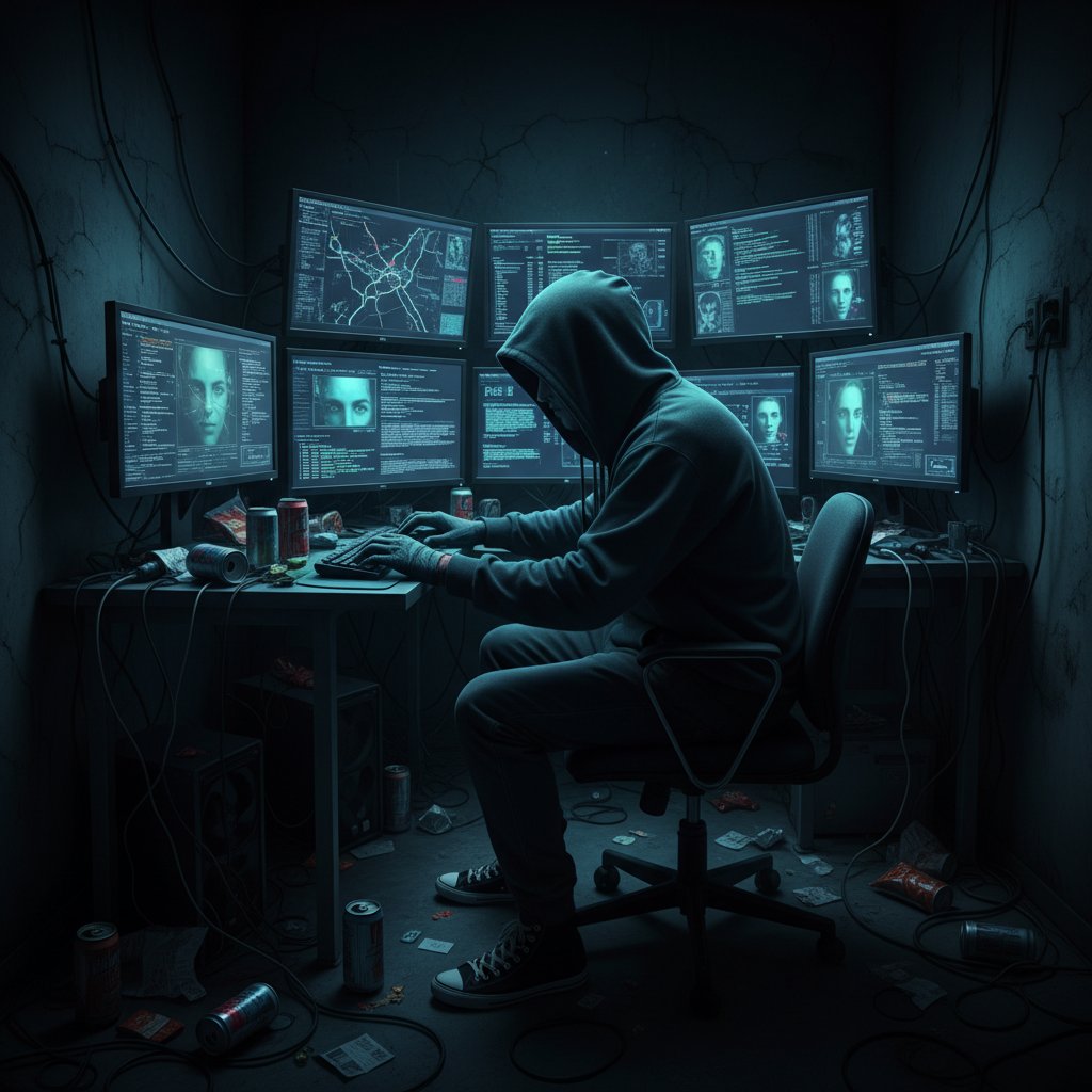 Osoba w ciemnym pokoju, otoczona świecącymi monitorami – symbol narastającego cyberstalkingu i poczucia izolacji