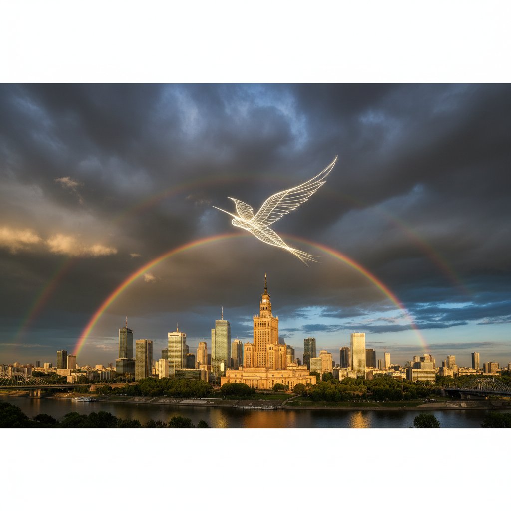 Warszawska panorama z promieniami słońca przebijającymi przez chmury, symbol nadziei