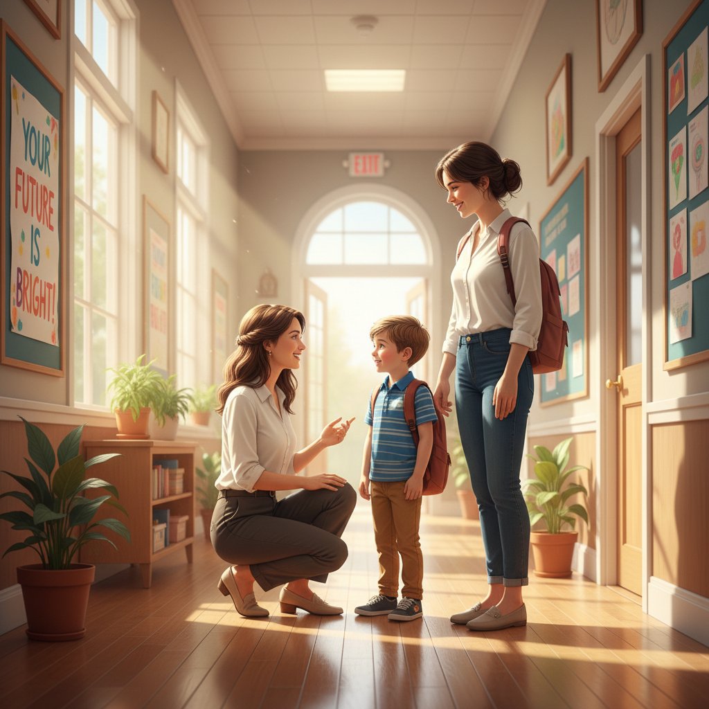 Rodzic, dziecko i pedagog wspólnie na szkolnym korytarzu