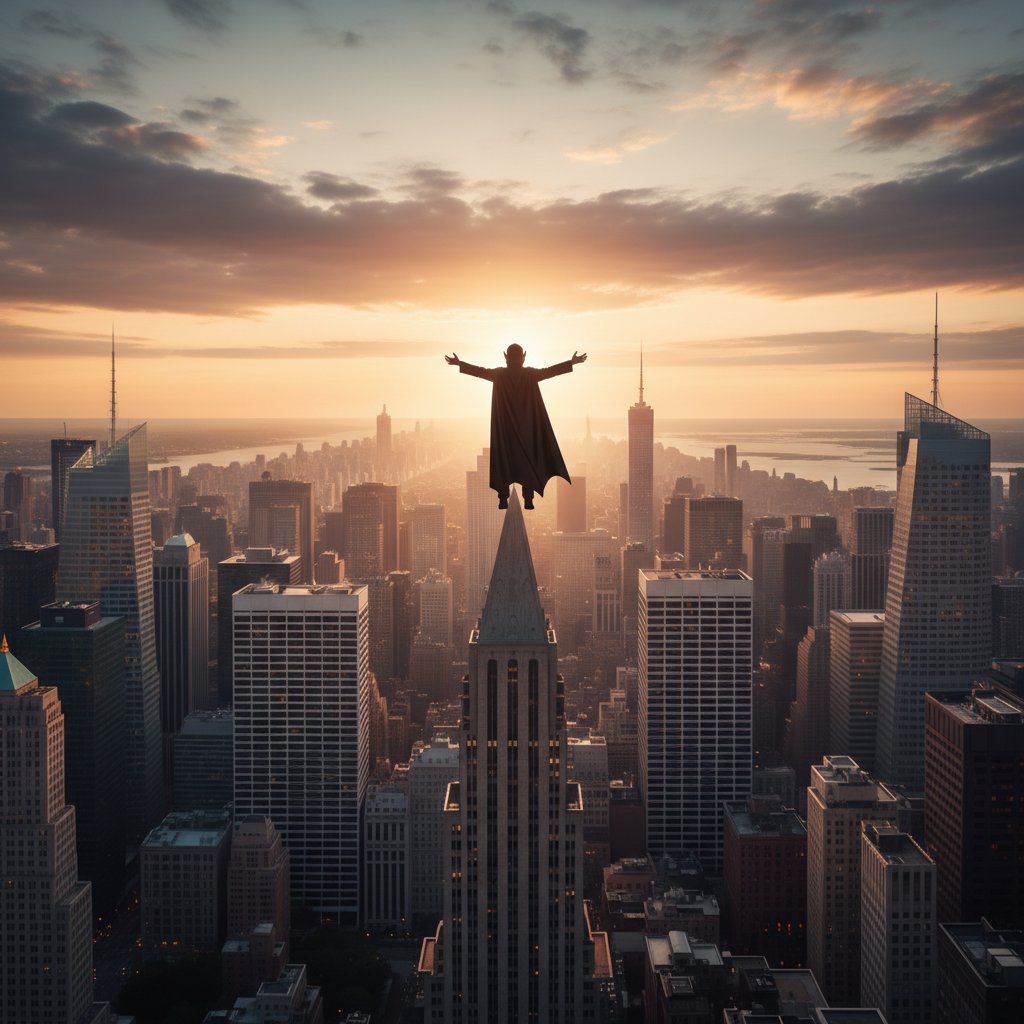 Moody, hopeful dawn breaking over city skyline, subtle silhouette of a vampire fading into the light, symbolic resolution