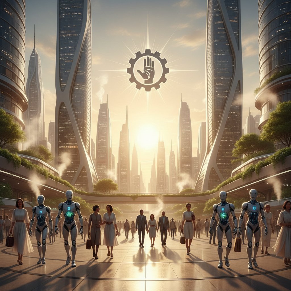 Świt nad miastem, ludzie i roboty razem, nadzieja, symboliczny kadr – przyszłość relacji człowiek-AI