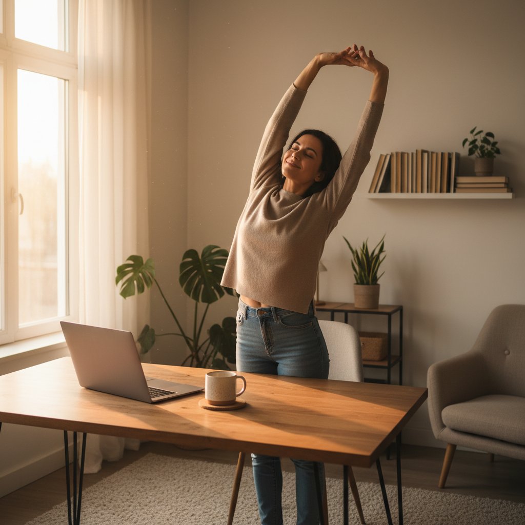 Pracownik kończy dzień pracy zdalnej z poczuciem ulgi, work-life balance