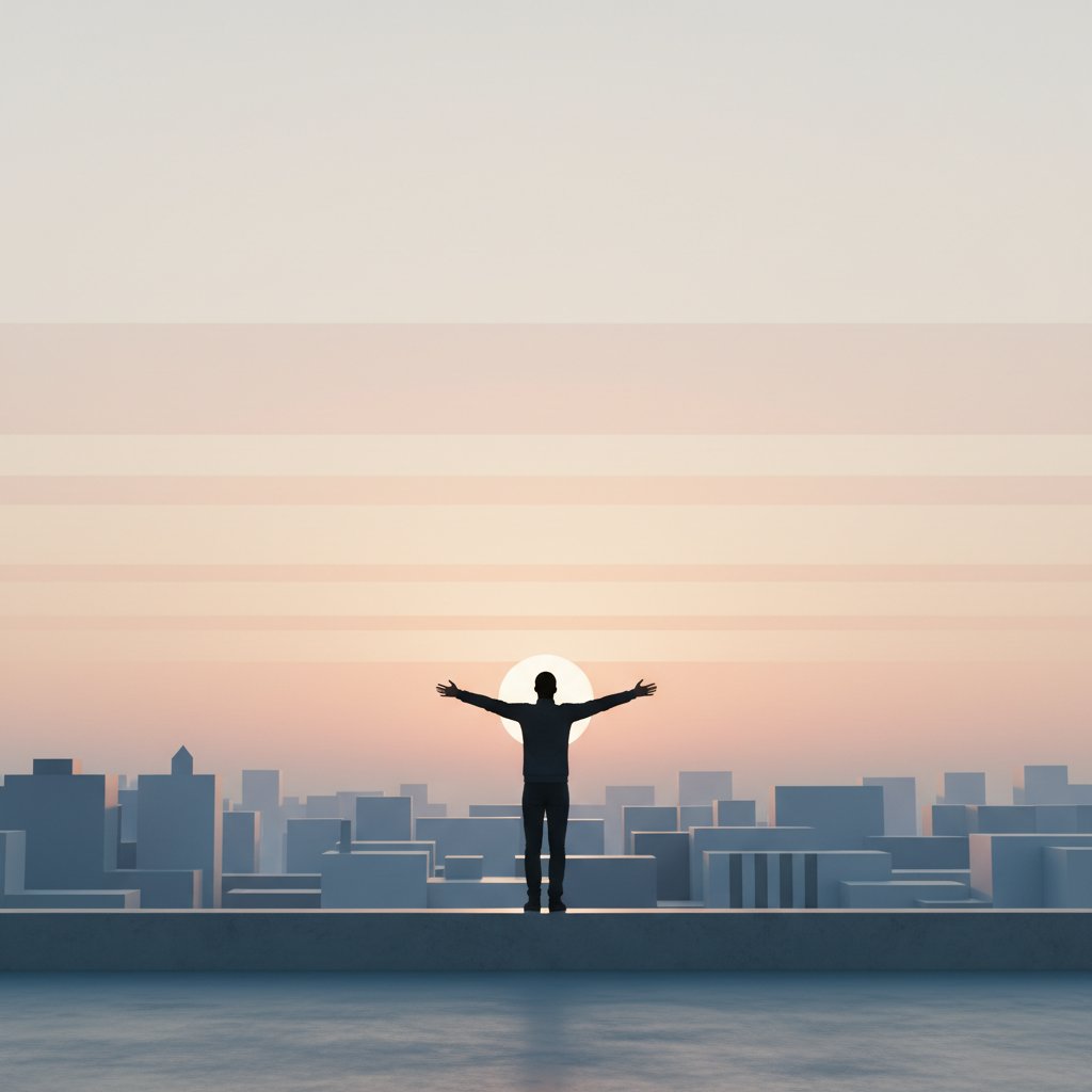 Minimalistyczny wschód słońca nad miastem, z osobą idącą ku nowemu początkowi