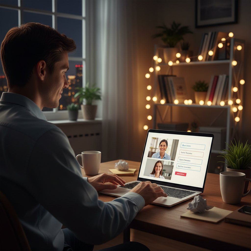 Osoba patrząca z nadzieją na ekran laptopa, decyzja o konsultacji psychologicznej online, światło ekranu, wieczór