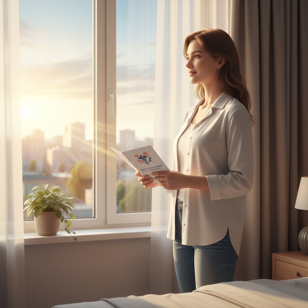 Nowy początek po wizycie u seksuologa, osoba z nadzieją patrząca przez okno, poranne światło