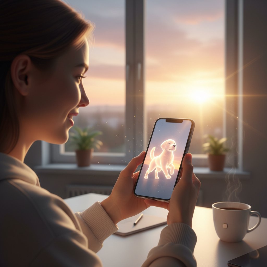 Person betrachtet virtuellen Hund auf dem Handy, Sonnenaufgang draußen, hoffnungsvolle Atmosphäre