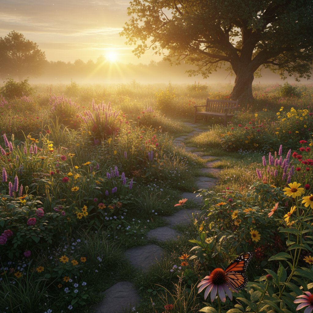 Wschód słońca nad nieidealnym, ale pięknym ogrodem, inspirujący widok na zakończenie