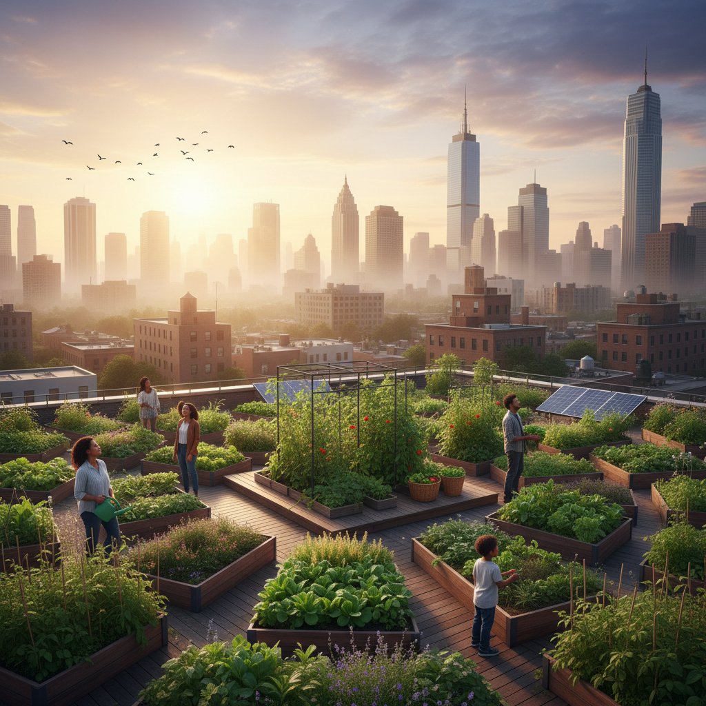 Wschód słońca nad miejskim ogrodem jako symbol nowego początku, widoczne promienie światła i zadbane rabaty