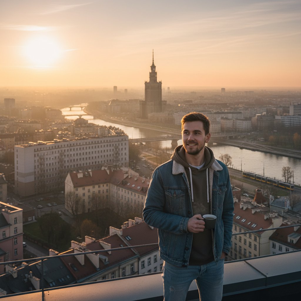Pełen nadziei absolwent wychodzący ze szkoły o wschodzie słońca