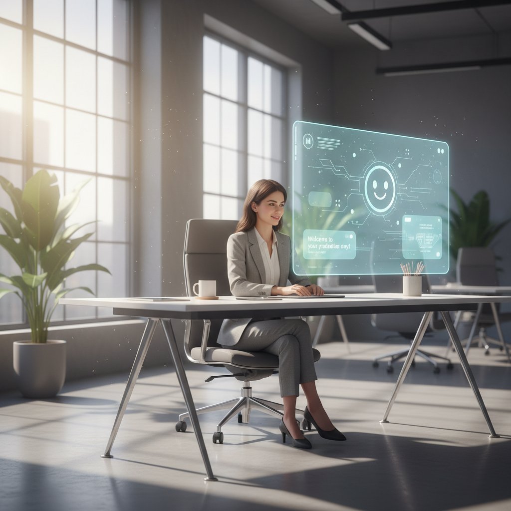 Młody profesjonalista współpracuje z przyjaznym interfejsem AI w jasnym biurze, symbolizując przyszłość współpracy człowieka z AI