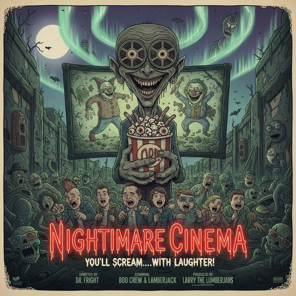 Parody of classic horror-comedy movie poster, featuring exaggerated features and dark humor in nightmare comedy cinema