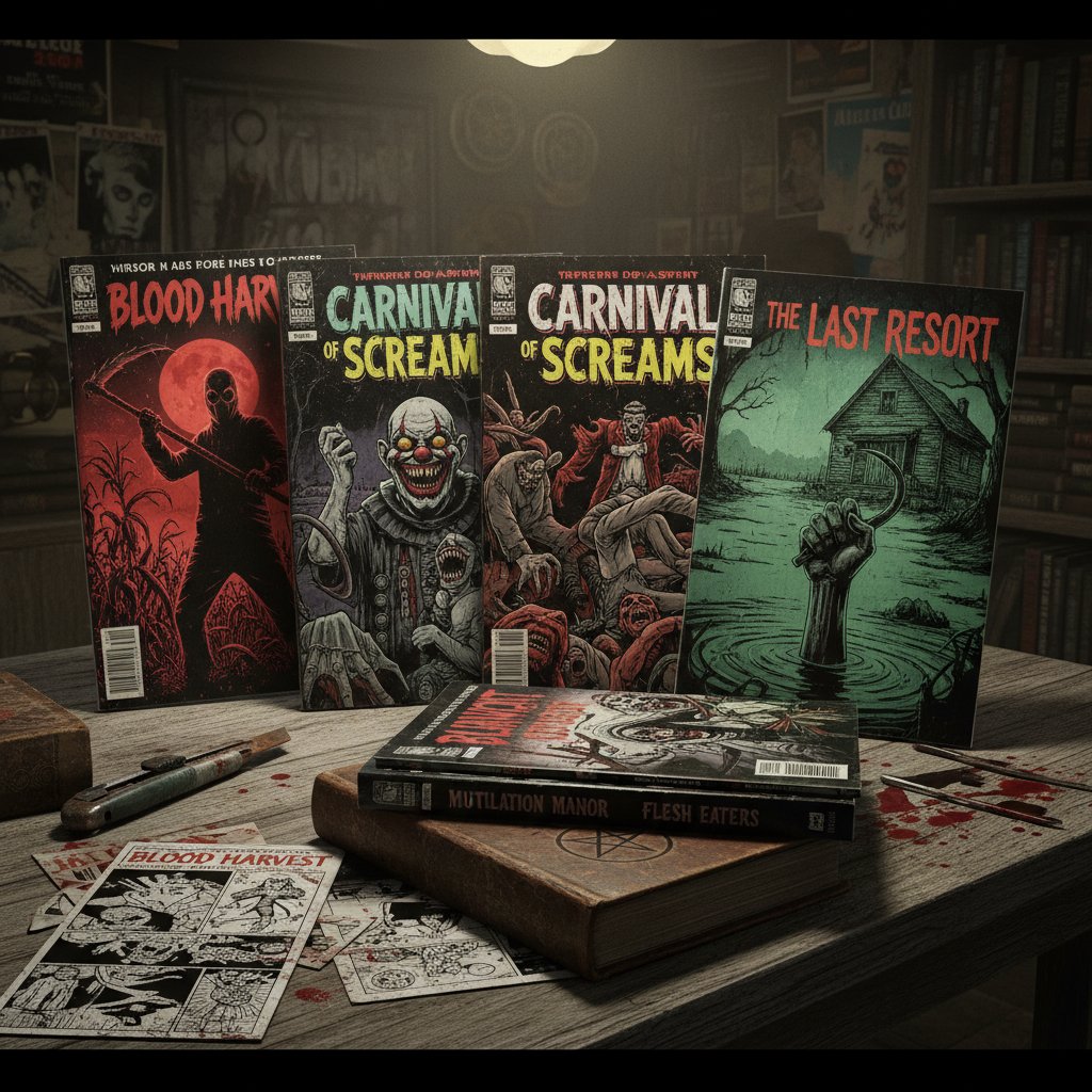 A stack of horror comics and graphic novels, bold covers with slasher imagery, hands flipping pages