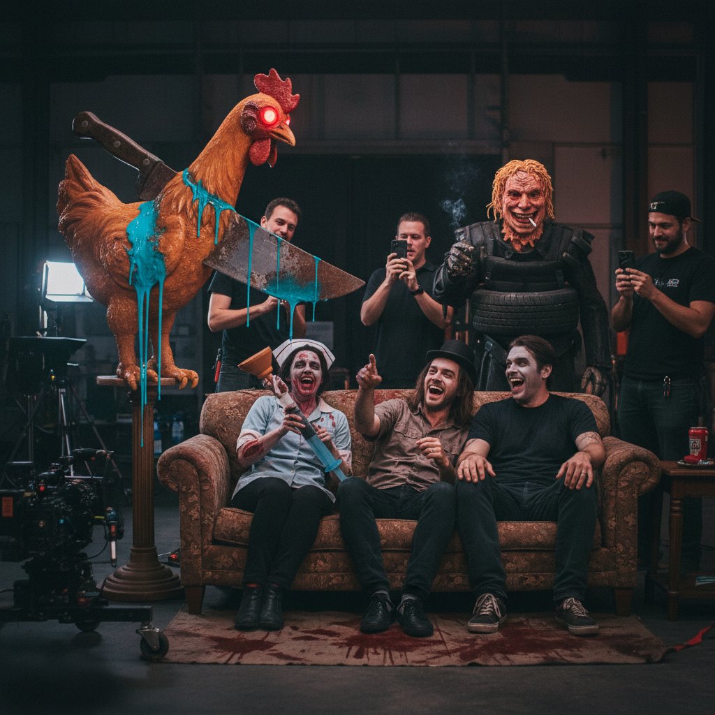 Photo of a horror movie set with absurd props, fake blood, rubber chickens, actors laughing