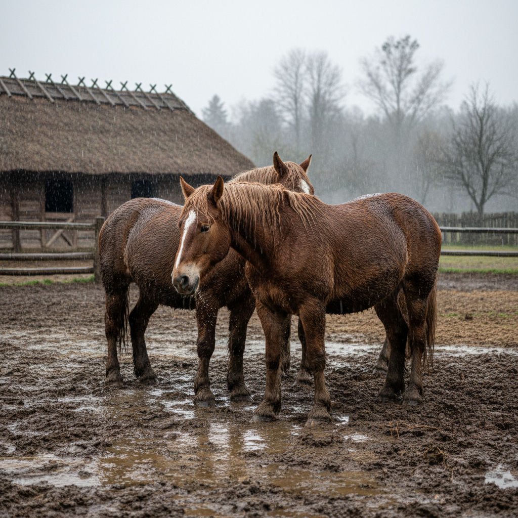 Konie w błocie na padoku, deszczowa pogoda, stajnia Małopolska