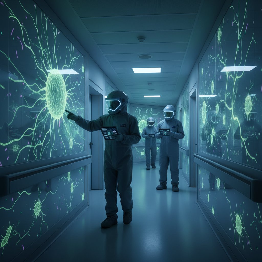 Szpitalny korytarz z personelem medycznym i ukrytymi bakteriami na powierzchniach