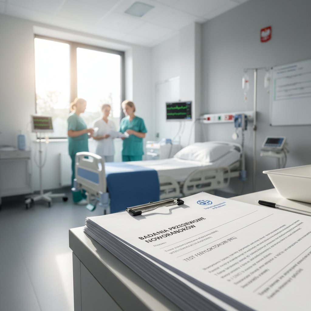 Stół z dokumentami medycznymi i testami przesiewowymi dla noworodków w polskim szpitalu