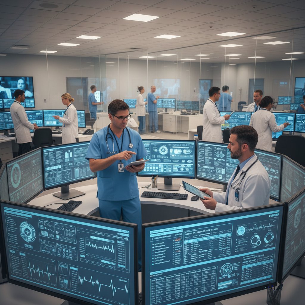 Szpitalne centrum dowodzenia, zespół lekarzy przy ekranach analizujących dane medyczne