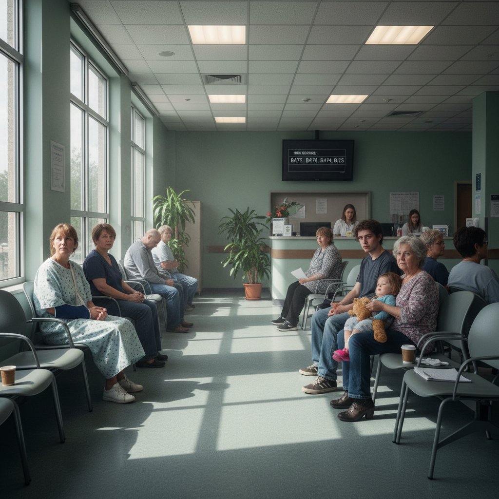 Korytarz przychodni, osoby czekające na wizytę, napięta atmosfera, światło dzienne