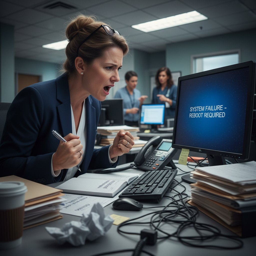 Zdesperowany administrator szpitalny z głową w dłoniach przed komputerem