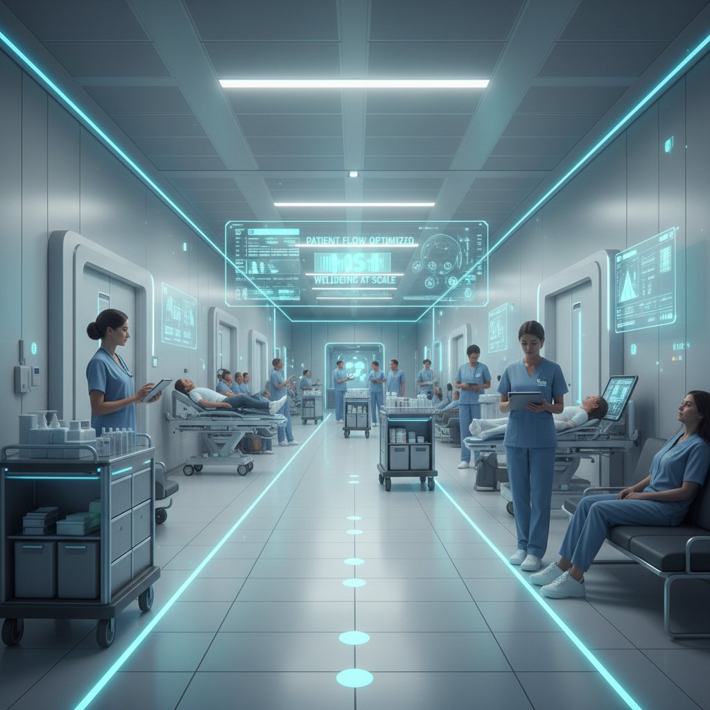 Hospital corridor split between chaos and calm, reflecting the dual reality of healthcare automation