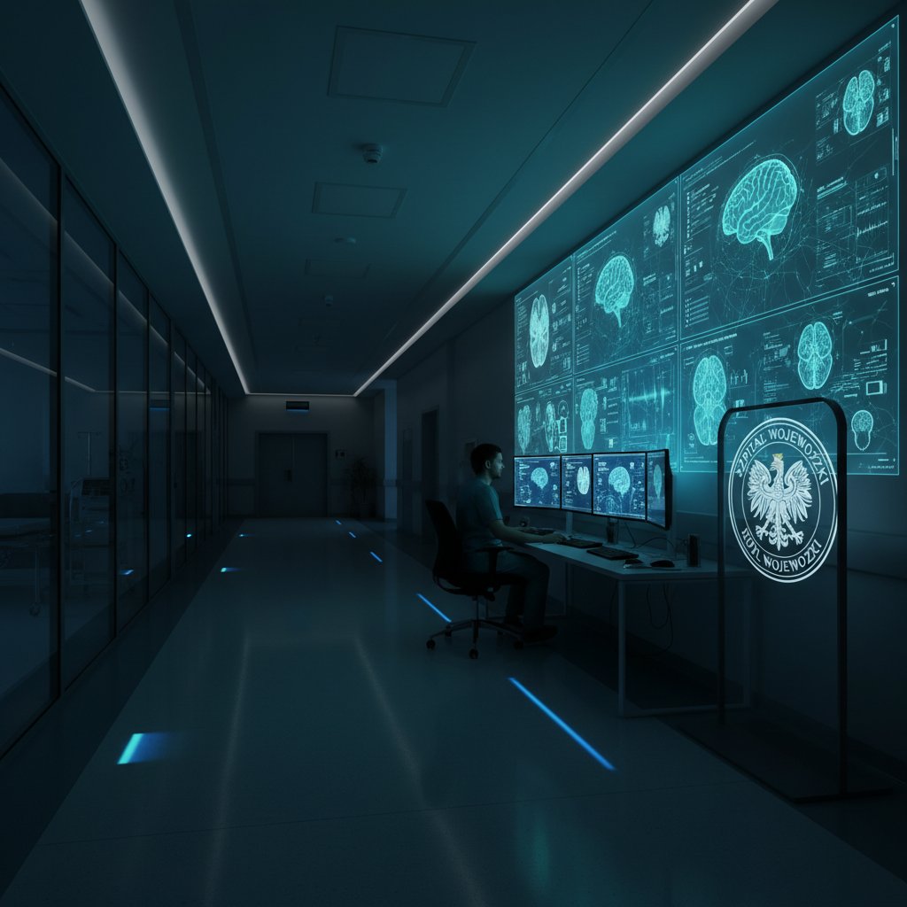 Komputer analizujący skany mózgu w polskim szpitalu neurologicznym, AI w szpitalach
