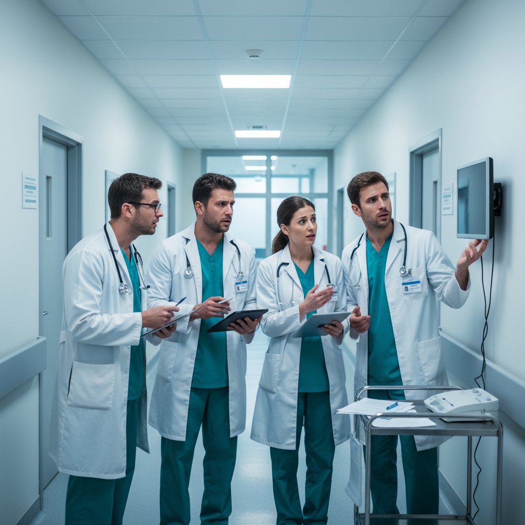Szpitalny korytarz, grupka osób rozmawiających z lekarzem; klimat: napięcie, temat: skutki dezinformacji zdrowotnej