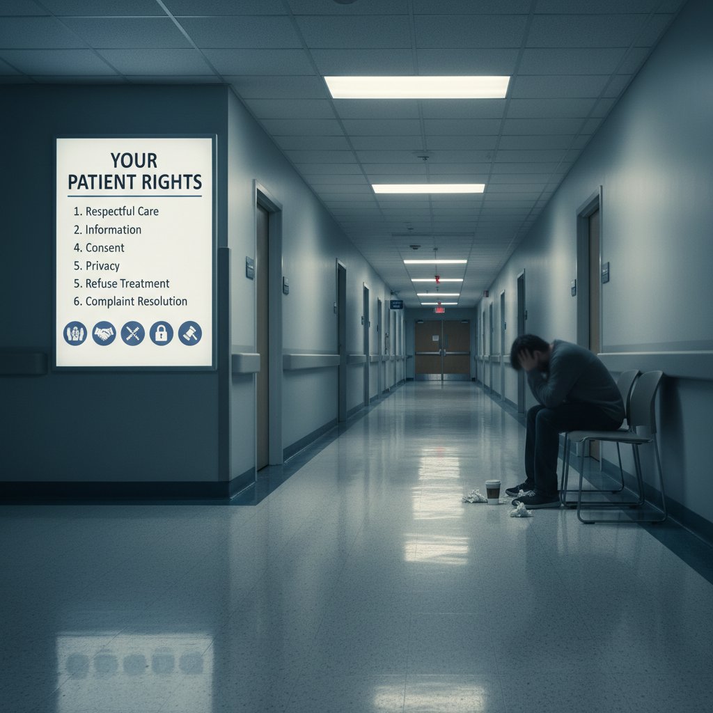 Szpitalny korytarz z personelem i pacjentem walczącym o swoje prawa, atmosfera stresu, prawa pacjenta