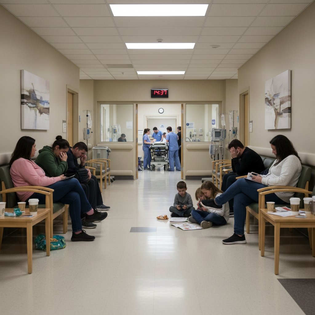 Zatłoczony korytarz szpitalny, pacjenci z rodzinami czekający na konsultację