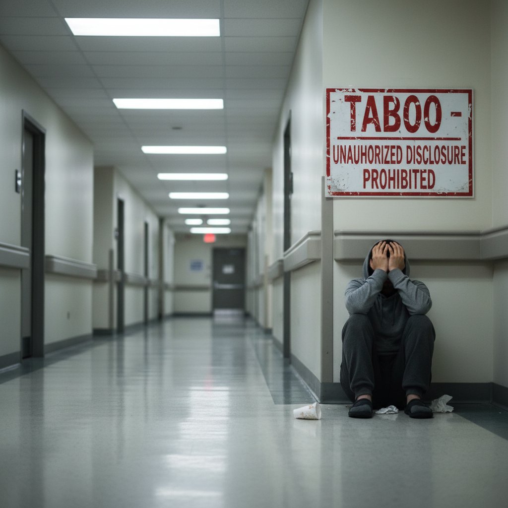 Napięta atmosfera w szpitalnym korytarzu, osoba zakrywająca twarz dłońmi – obraz stresu i tabu wokół krwawych wymiotów